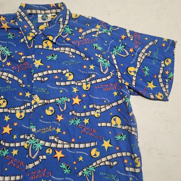 Vintage Universal Studios Hollywood Made In USA Tropical Shirt Blue XXL EUC